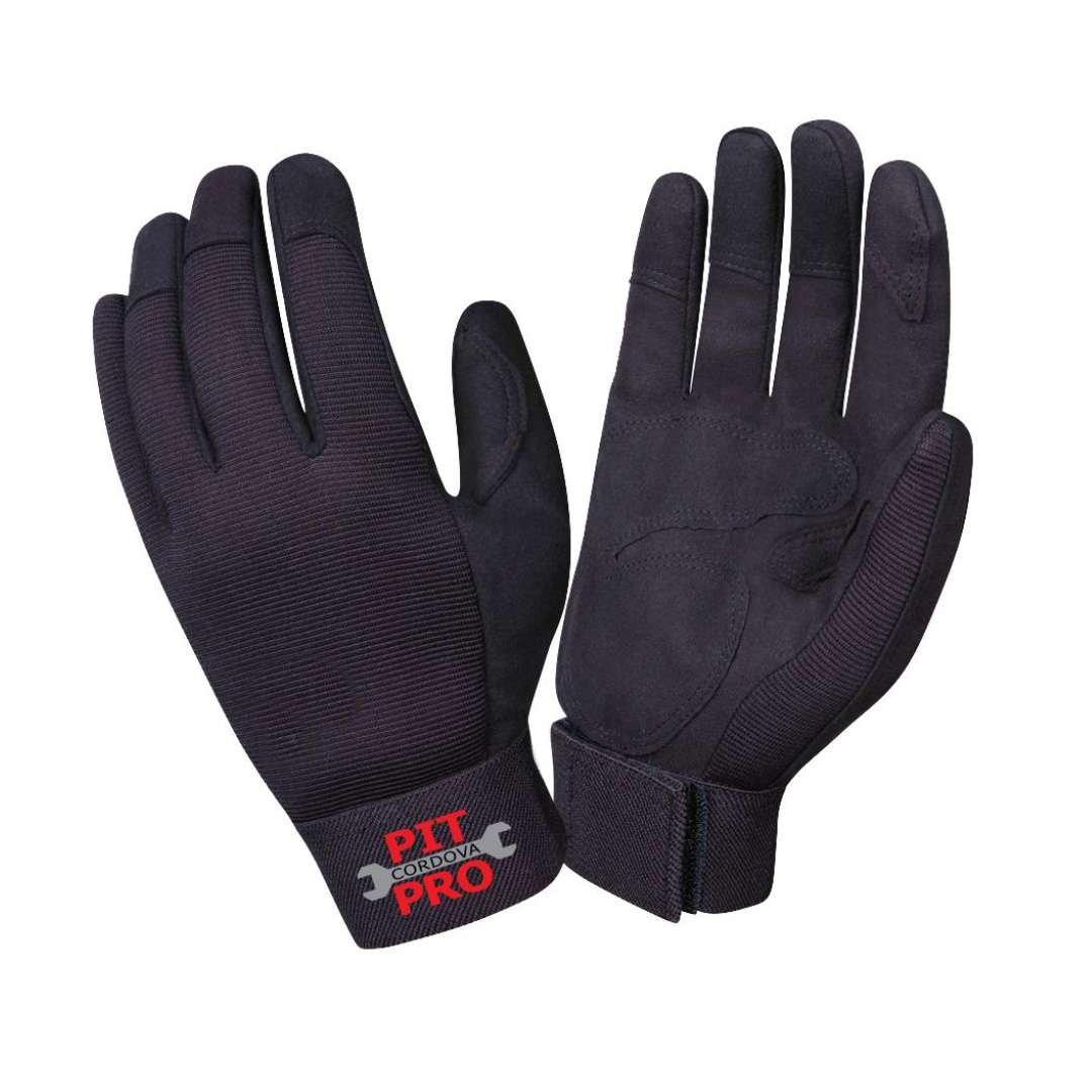 Cordova Safety 77875 Mechanics Gloves, Pit Pro™, Black Synthetic Leather Double Palm, Black Stretch Spandex Back, Reinforced Fingertips, Breathable, Perforated Fingers