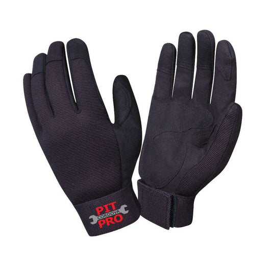 Cordova Safety 77875 Mechanics Gloves, Pit Pro™, Black Synthetic Leather Double Palm, Black Stretch Spandex Back, Reinforced Fingertips, Breathable, Perforated Fingers
