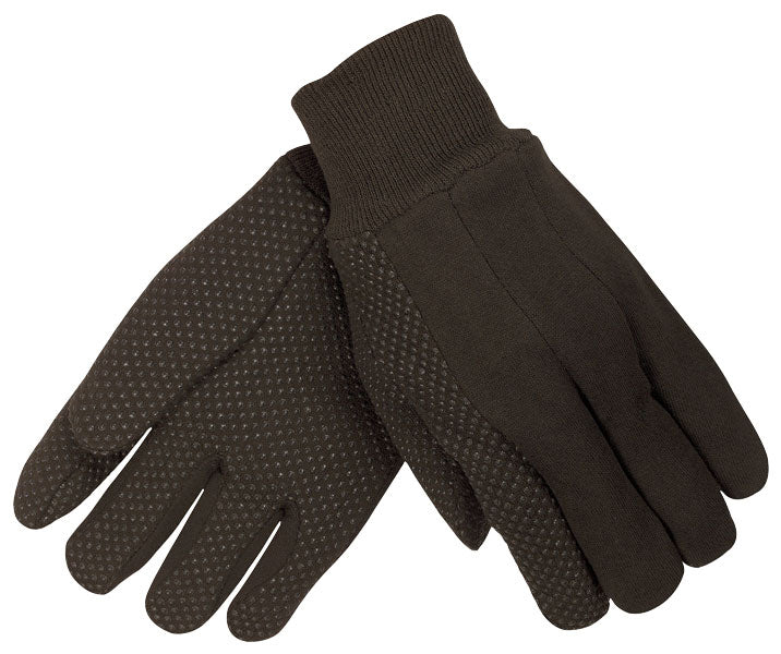 MCR Safety 7800 Brown Jersey Work Gloves Clute Pattern with Knit Wrist Cotton Polyester Blend Dotted Palm, Thumb, and Index Finger (1 DZ)