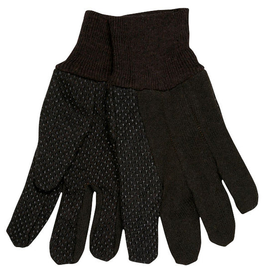 MCR Safety 7802 Brown Jersey Work Gloves Clute Pattern with Knit Wrist Cotton Polyester Blend Dotted Palm, Thumb, and Index Finger Small or Ladies Sized (1 DZ)