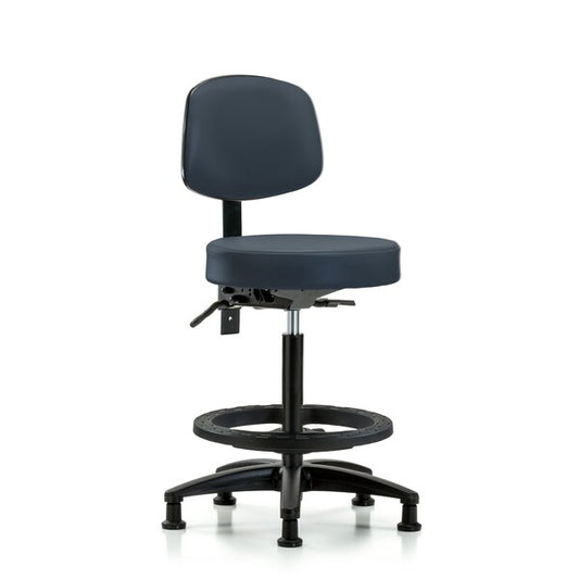 Blue Ridge Ergonomics VHBST-RG-T1-BF-RG-8582 Rutledge Vinyl Stool with Back - High Bench Height with Seat Tilt, Black Foot Ring, & Stationary Glides in Imperial Blue Trailblazer™ Vinyl