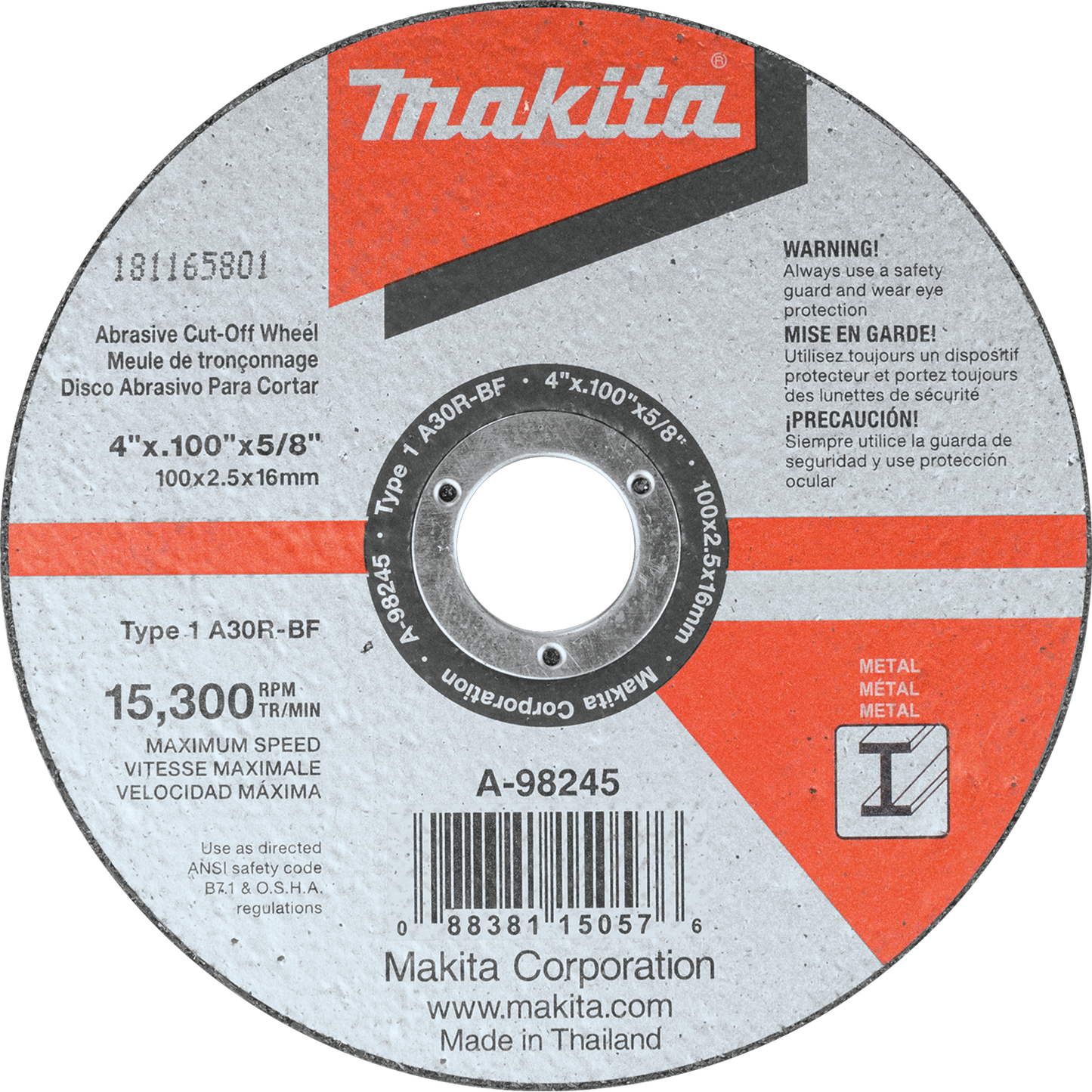 Makita A-98245 4" x 3/32" x 5/8" Cut‘off Wheel, Metal