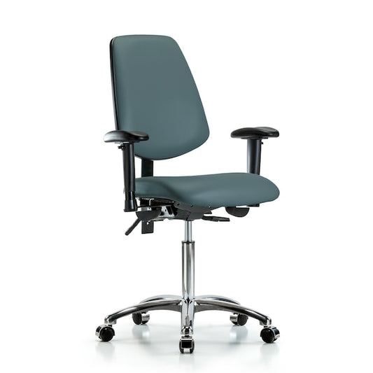 Blue Ridge Ergonomics VMBCH-MB-CR-T0-A1-NF-CC-8546 Rutledge Vinyl Chair Chrome - Medium Bench Height with Medium Back, Adjustable Arms, & Casters in Colonial Blue Trailblazer™ Vinyl