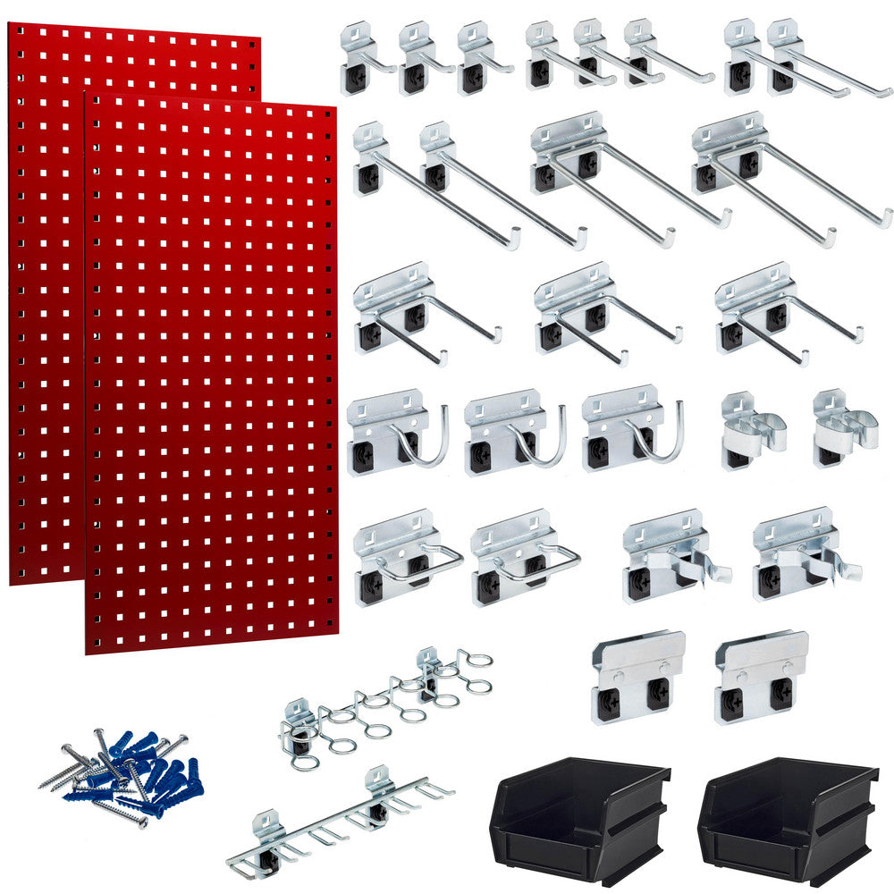 Triton Products LB18-RKit (2) 18" x 36" x 9/16" Red Steel Square Hole Pegboards with 30 pc. LocHook Assortment & Hanging Bin System