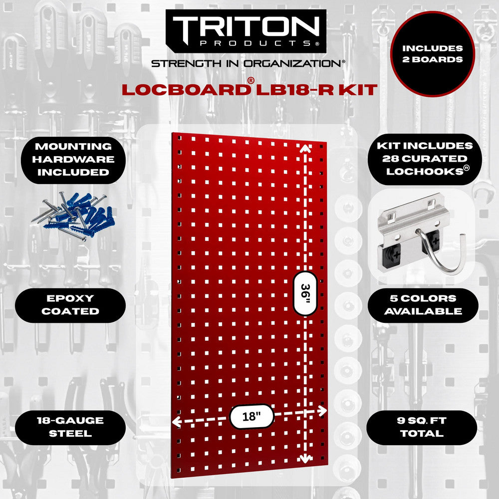 Triton Products LB18-RKit (2) 18" x 36" x 9/16" Red Steel Square Hole Pegboards with 30 pc. LocHook Assortment & Hanging Bin System