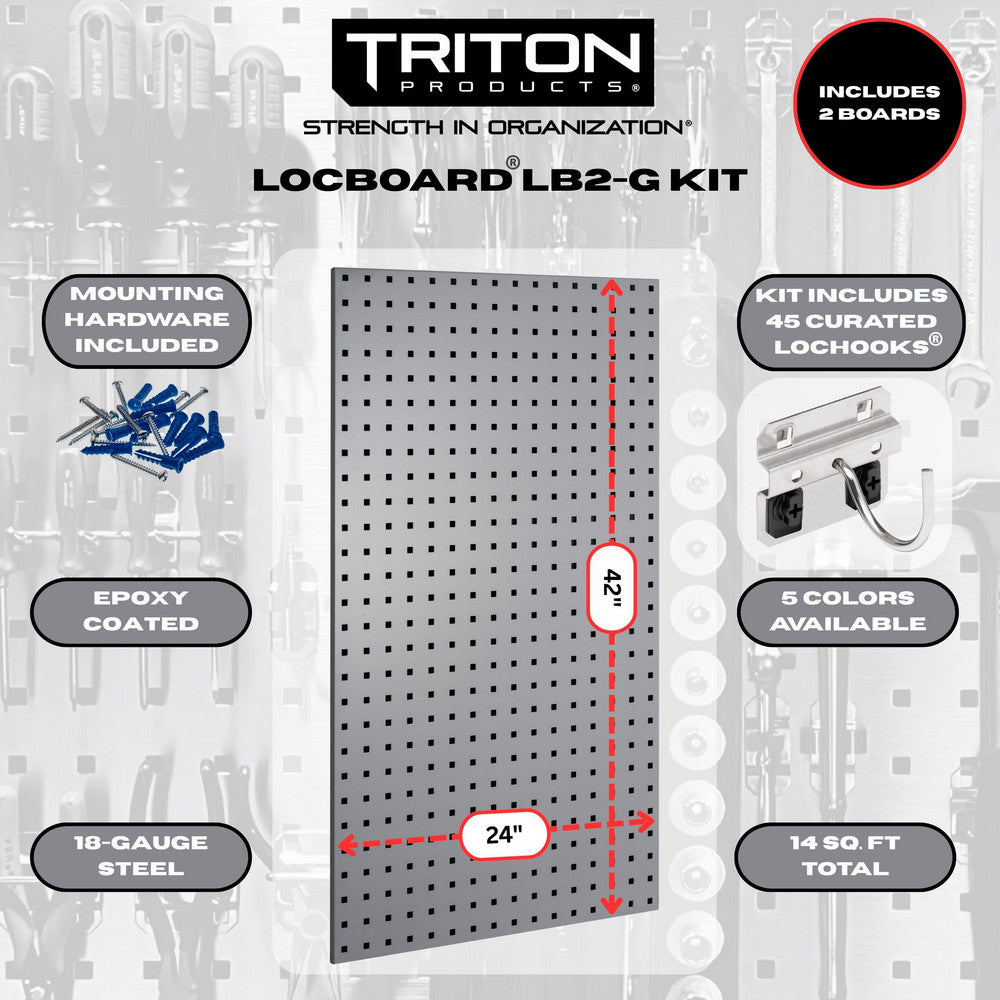 Triton Products LB2-GKit (2) 24" x 42-1/2" x 9/16" Gray LocBoards/63 Hooks
