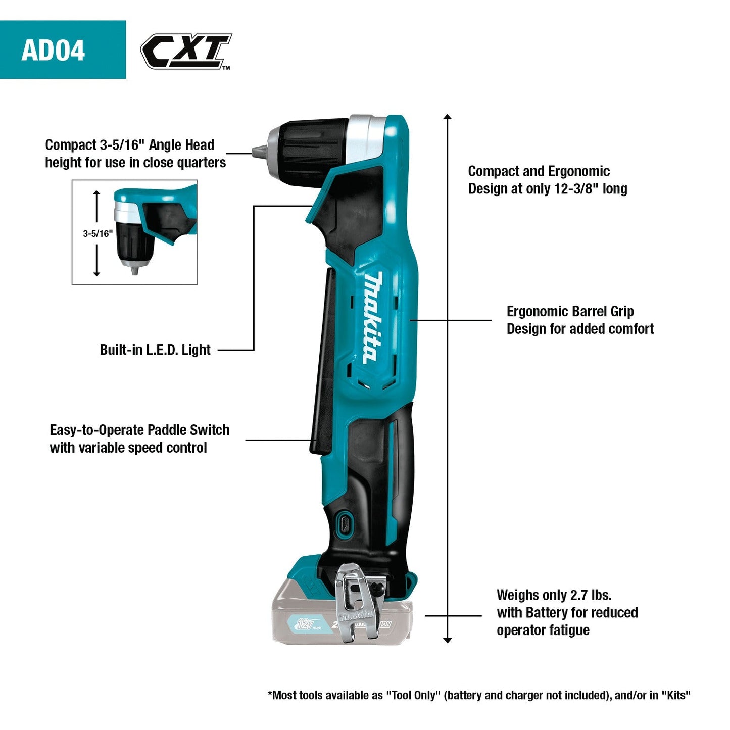 Makita AD04Z 12V max CXT® Lithium‘Ion Cordless 3/8" Right Angle Drill, Tool Only