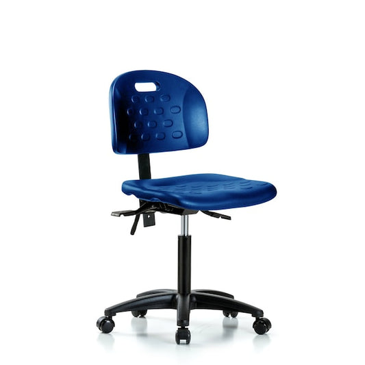 Blue Ridge Ergonomics HPMBCH-RG-T1-A0-NF-RC-BLU Newport Industrial Polyurethane Chair - Medium Bench Height with Seat Tilt & Casters in Blue Polyurethane