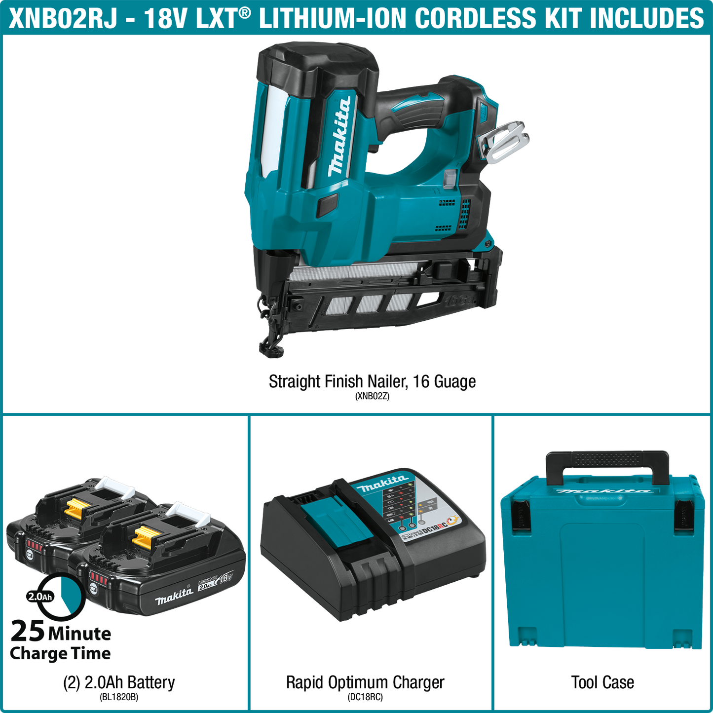 Makita XNB02RJ 18V Lxt® Lithiumion Cordless 21/2" Straight Finish Nailer Kit, 16 Ga.