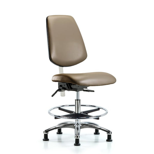 Blue Ridge Ergonomics NCR-VHBCH-MB-CR-T1-A0-CF-RG-8809 Class 100 Vinyl Clean Room Chair - High Bench Height with Medium Back, Seat Tilt, Chrome Foot Ring, & Stationary Glides in Taupe Supernova™ Vinyl
