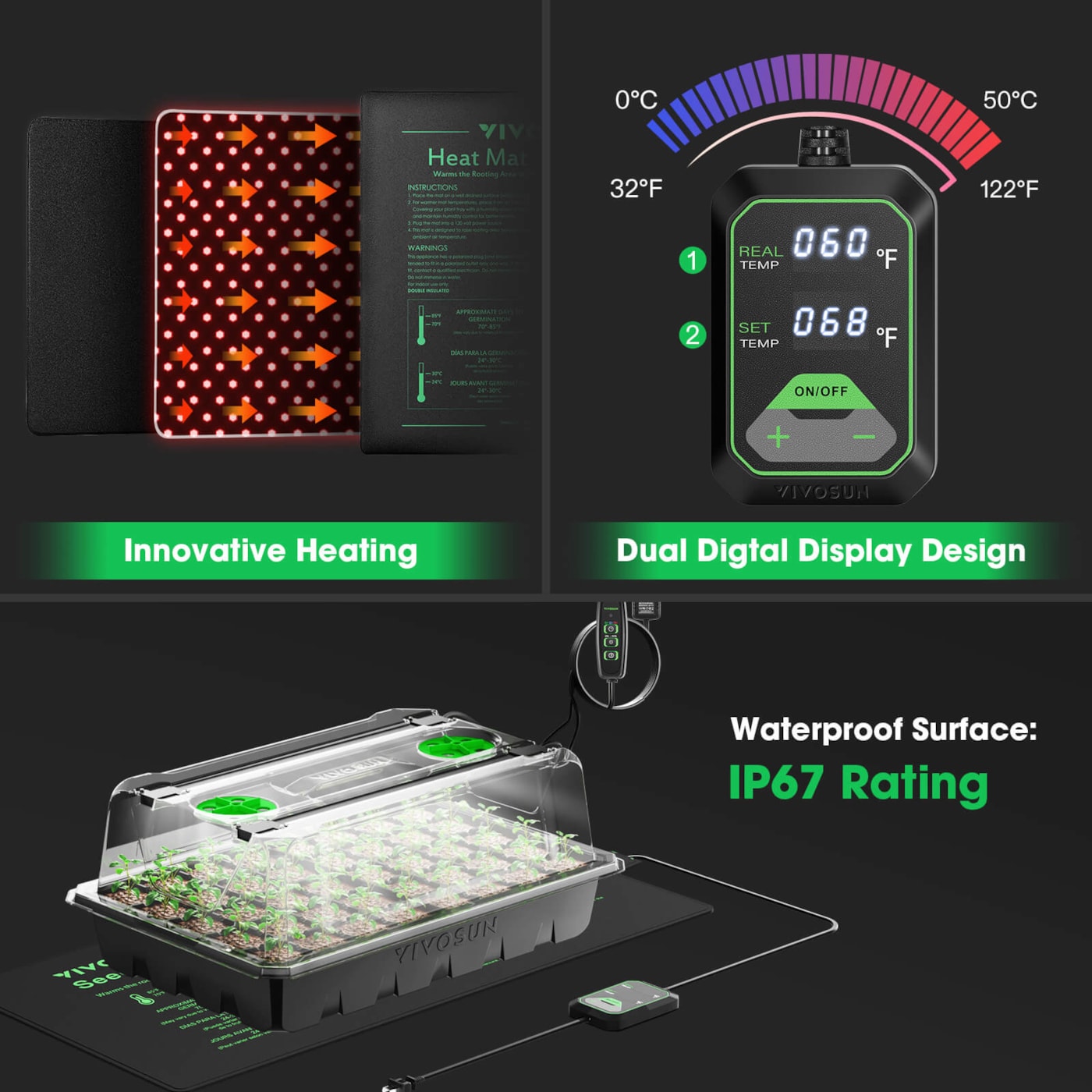 Vivosun 6-Pack 240-Cell Seed Starter Trays with 2 Set of LED Lights, and 2-Pack 10"x20.75" Seedling Heat Mat