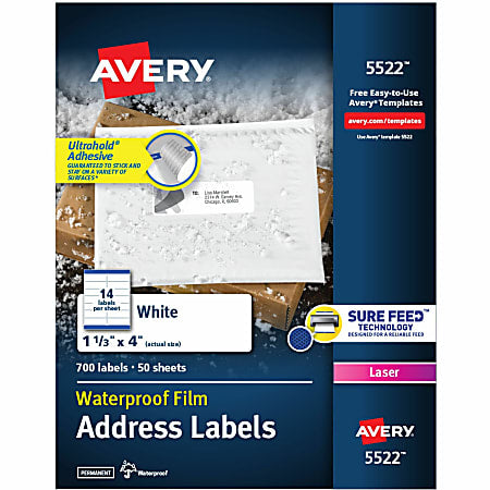 Avery® AVE5522 Weather Proof Mailing Label - Permanent Adhesive - "1.33" Width X 4" Length - 14 / Sheet - Rectangle - Laser - White - Polyester - 700 / Pack
