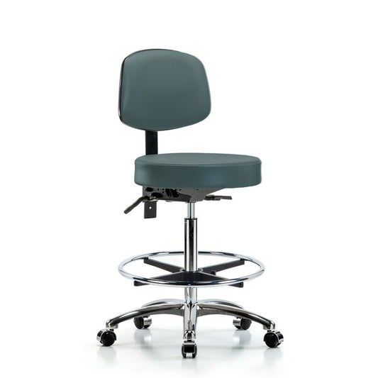 Blue Ridge Ergonomics VHBST-CR-T1-CF-CC-8546 Rutledge Vinyl Stool with Back Chrome - High Bench Height with Seat Tilt, Chrome Foot Ring, & Casters in Colonial Blue Trailblazer™ Vinyl