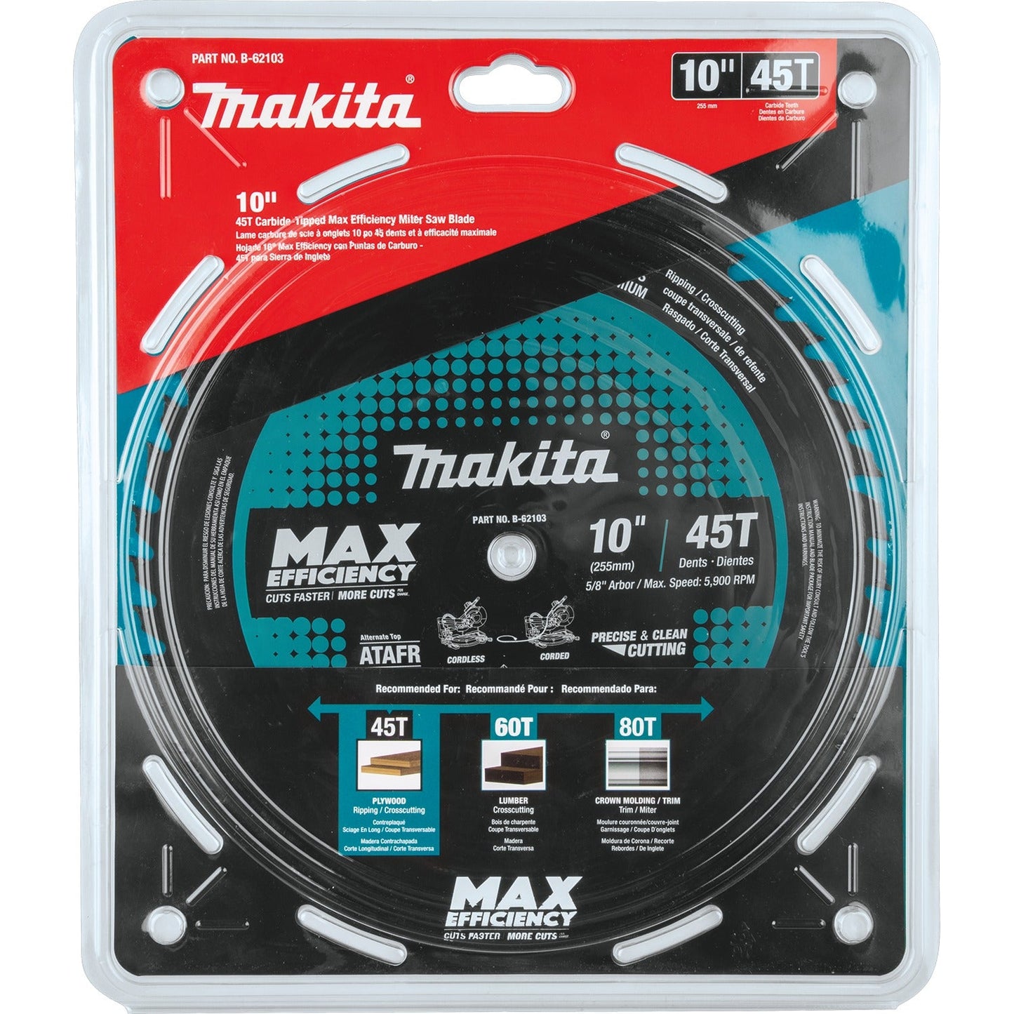 Makita B-62103 10" 45T Carbide‘Tipped Max Efficiency Miter Saw Blade