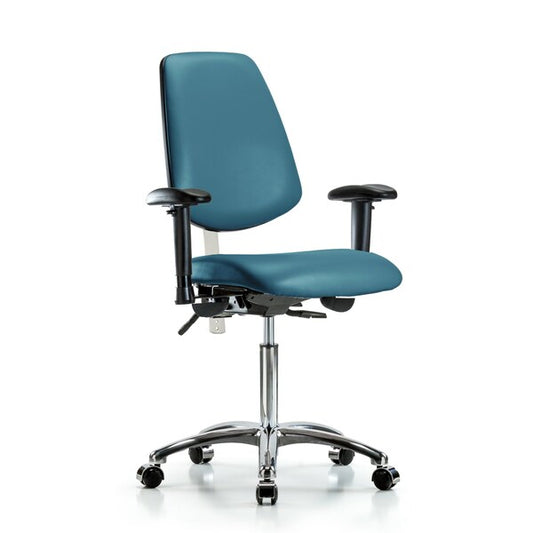 Blue Ridge Ergonomics NCR-VMBCH-MB-CR-T1-A1-NF-CC-8801 Class 100 Vinyl Clean Room Chair - Medium Bench Height with Medium Back, Seat Tilt, Adjustable Arms, & Casters in Marine Blue Supernova™ Vinyl