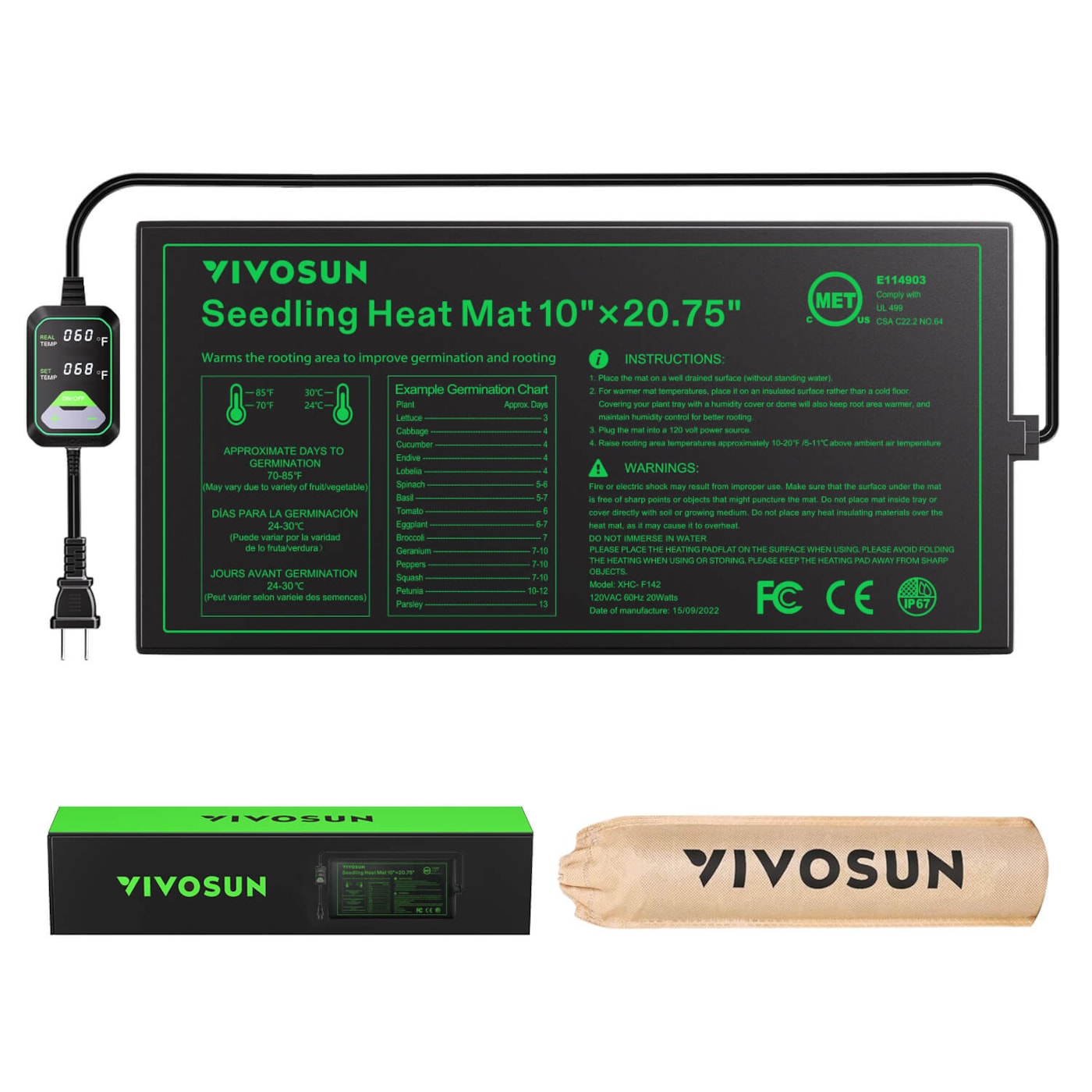 Vivosun Seedling Heat Mat with Dual Digital Display Thermostat, 10" x 20.75" Black Warm Hydroponic Heating Pad for Seed Germination