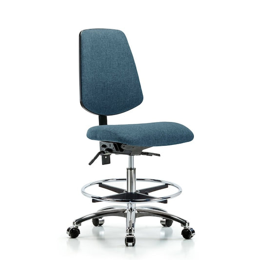 Blue Ridge Ergonomics FMBCH-MB-CR-T1-A0-CF-CC-F43 Rutledge Fabric Chair Chrome - Medium Bench Height with Medium Back, Seat Tilt, Chrome Foot Ring, & Casters in Blue Fabric
