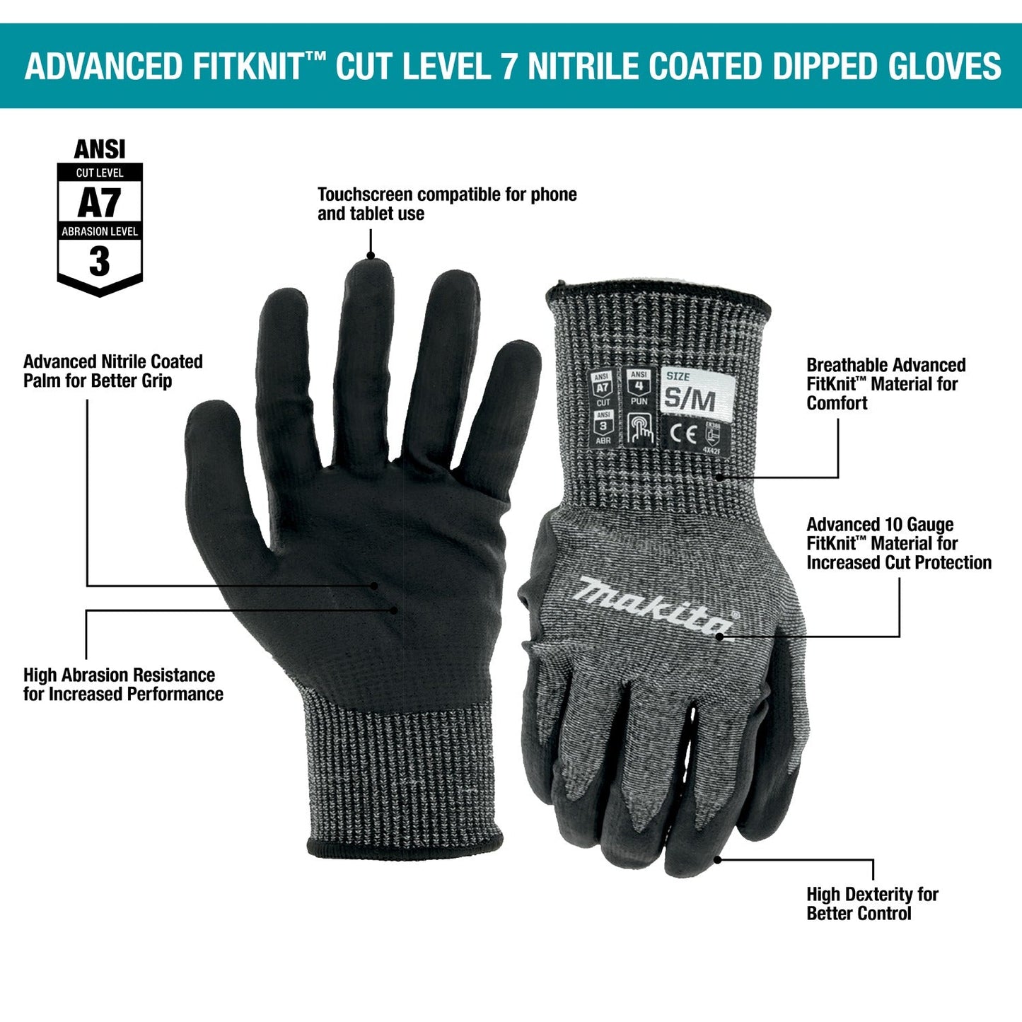 Makita T-04139 Advanced FitKnit, Cut Level 7 Nitrile Coated Dipped Gloves (Small/Medium)