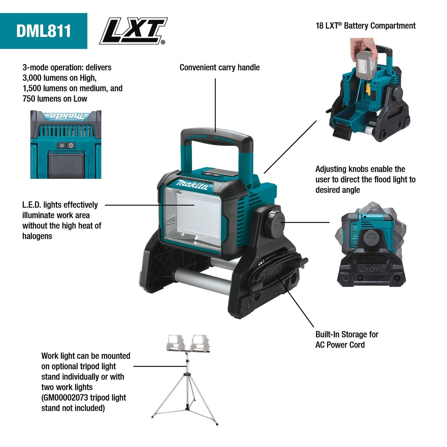 Makita DML811 18V LXT® Lithium‘Ion Cordless/Corded Work Light, Light Only