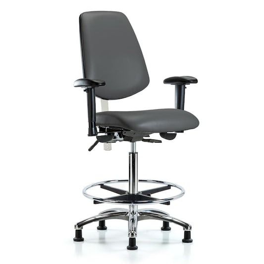 Blue Ridge Ergonomics NCR-VMBCH-CR-T1-A1-CF-RG-8613 Class 100 Vinyl Clean Room Chair - Medium Bench Height with Seat Tilt, Adjustable Arms, Chrome Foot Ring, & Stationary Glides in Orange Kist Trailblazer™ Vinyl
