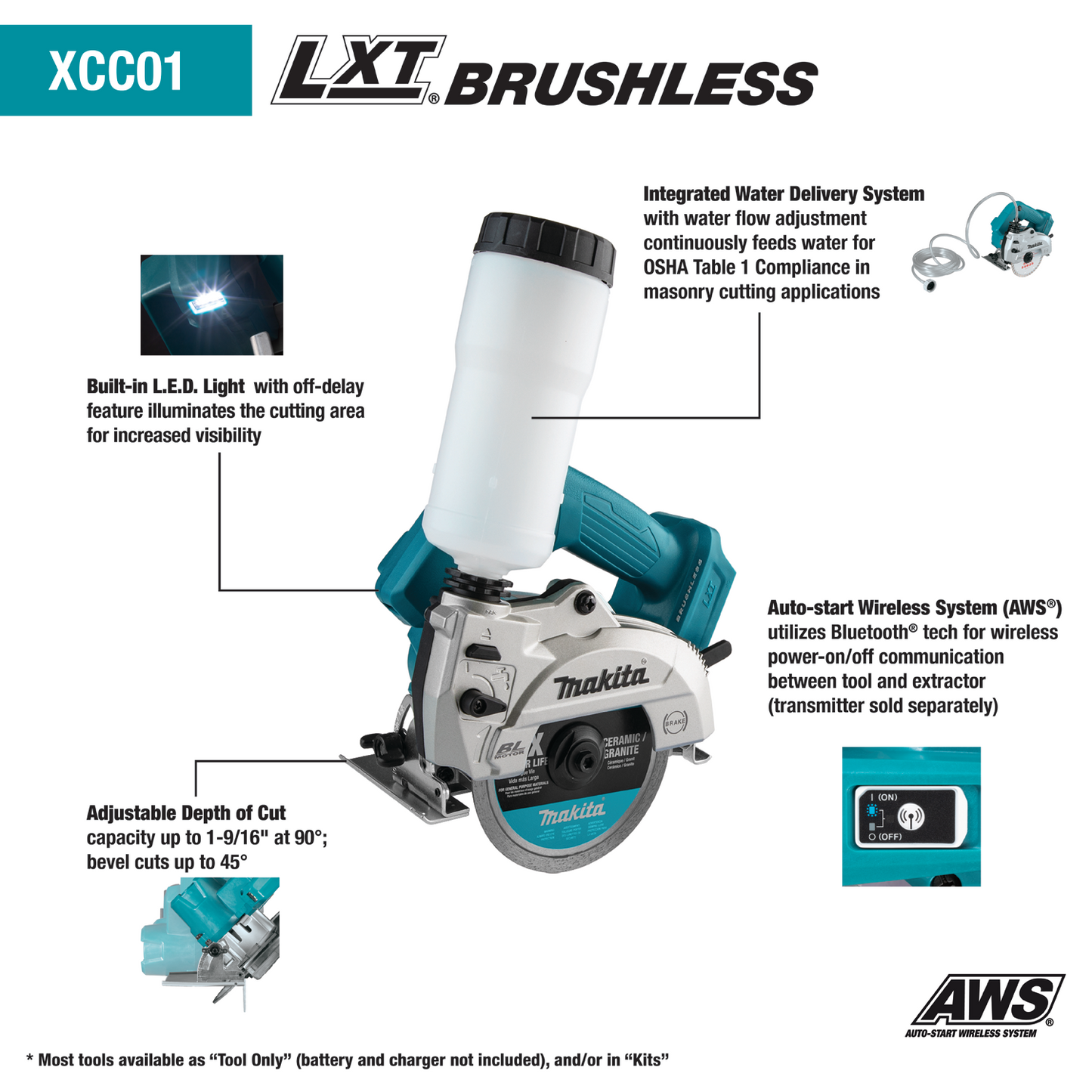 Makita XCC01Z 18V LXT® Lithium‘Ion Brushless Cordless 5" Wet/Dry Masonry Saw, AWS® Capable, Tool Only