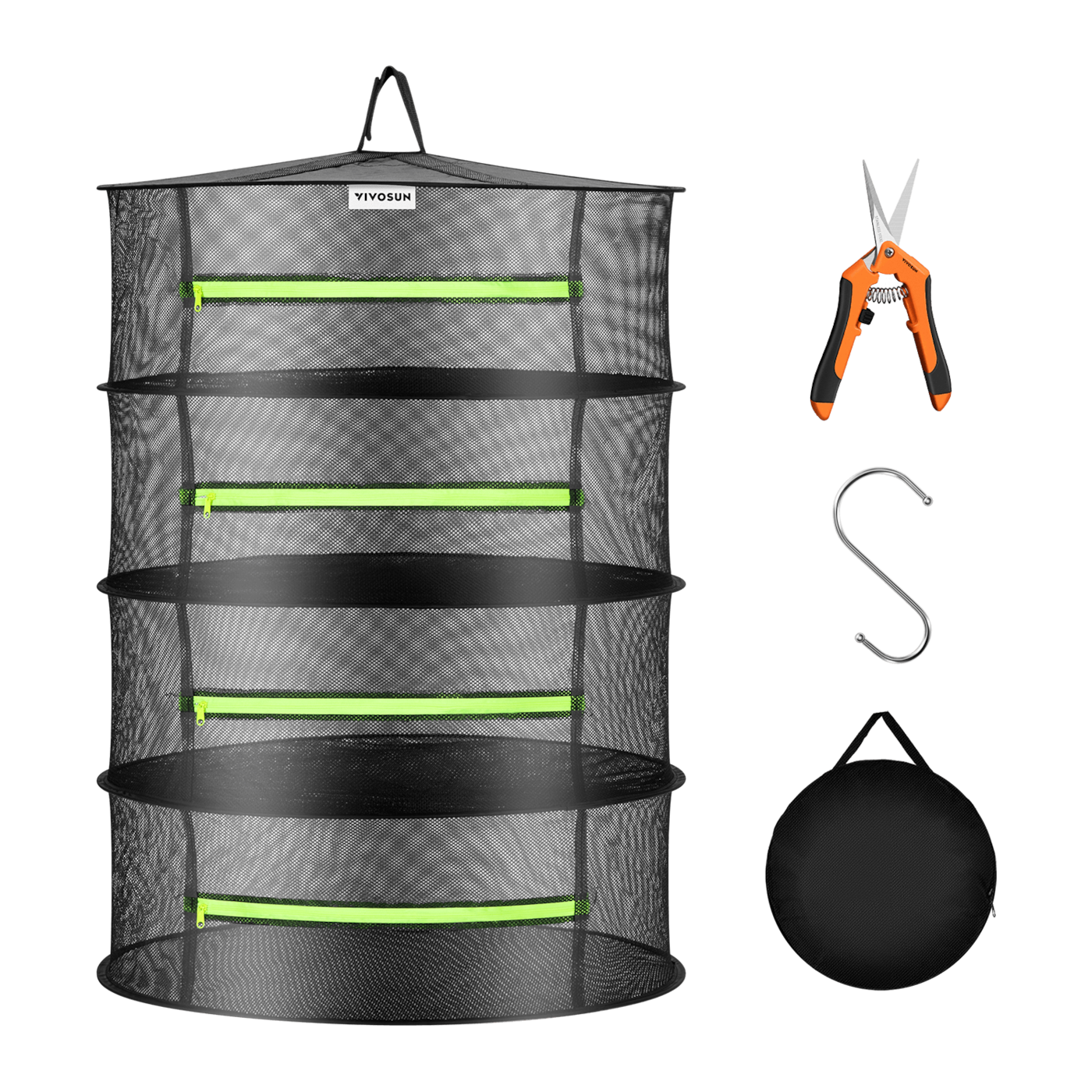 Vivosun 4-Layer Mesh Drying Rack Hanging Design with Green Zippers
