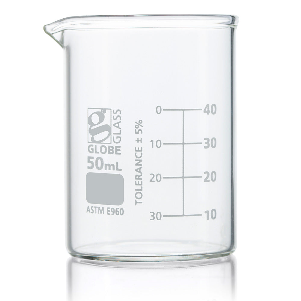 Globe Scientific 8010050 Beaker Globe Glass 50mL Low Form Griffin Style Dual Graduations ASTM E960 12/Box
