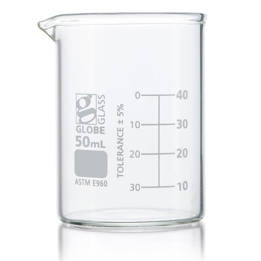 Globe Scientific 8010050 Beaker Globe Glass 50mL Low Form Griffin Style Dual Graduations ASTM E960 12/Box