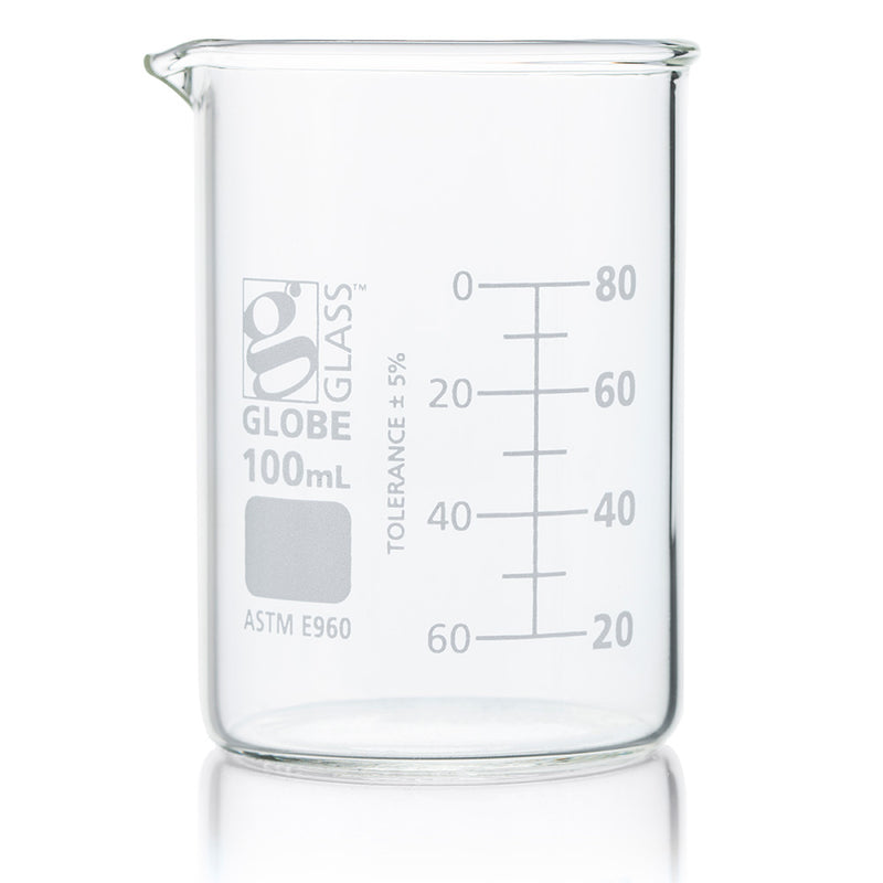 Globe Scientific 8010100 Beaker Globe Glass 100mL Low Form Griffin Style Dual Graduations ASTM E960 12/Box
