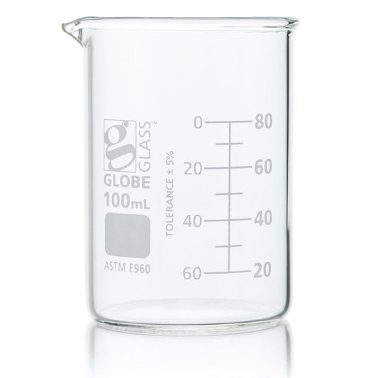 Globe Scientific 8010100 Beaker Globe Glass 100mL Low Form Griffin Style Dual Graduations ASTM E960 12/Box