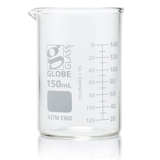 Globe Scientific 8010150 Beaker Globe Glass 150mL Low Form Griffin Style Dual Graduations ASTM E960 12/Box