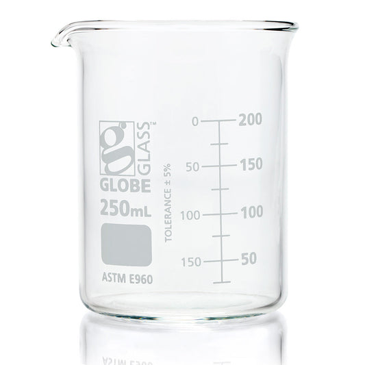 Globe Scientific 8010250 Beaker Globe Glass 250mL Low Form Griffin Style Dual Graduations ASTM E960 12/Box
