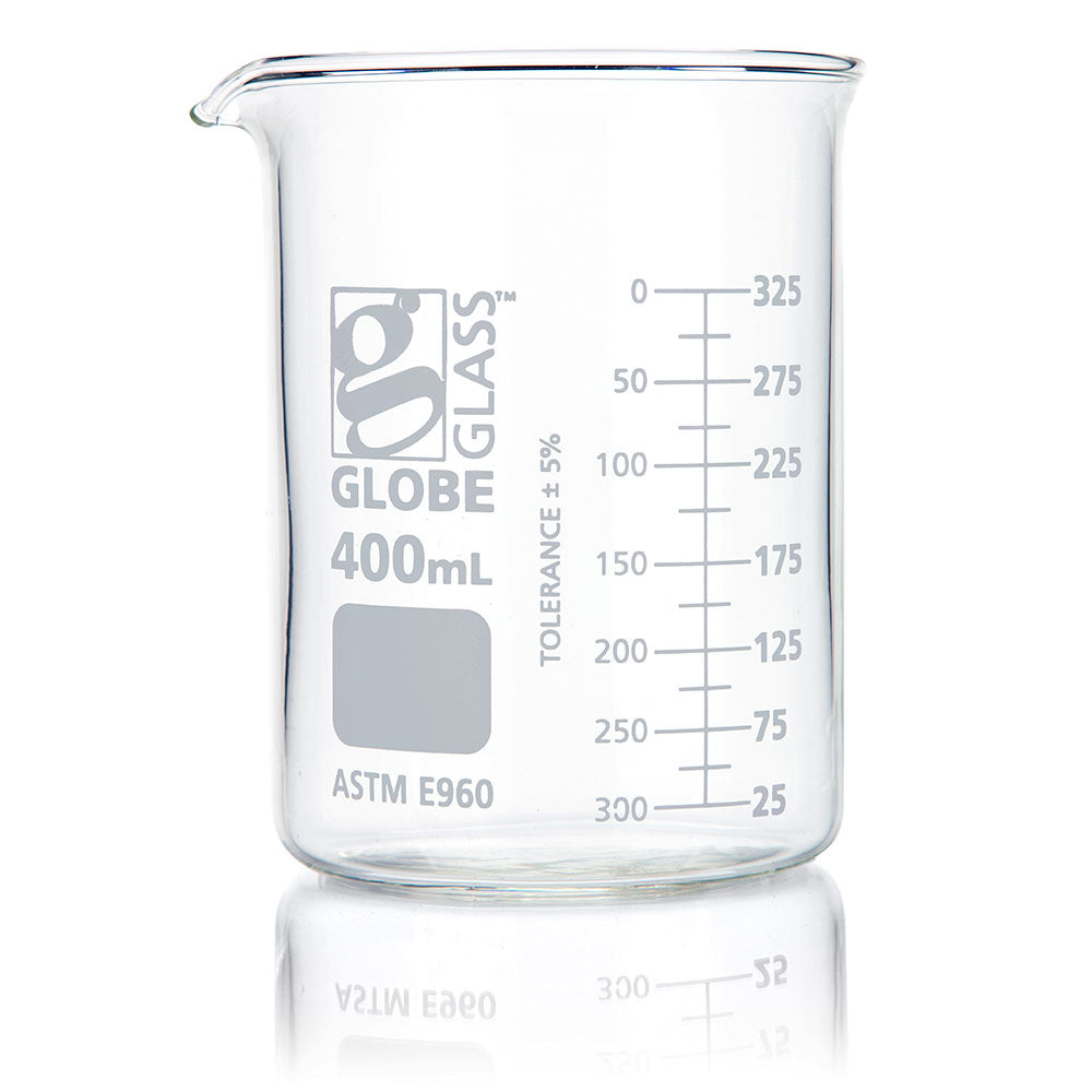 Globe Scientific 8010400 Beaker Globe Glass 400mL Low Form Griffin Style Dual Graduations ASTM E960 12/Box