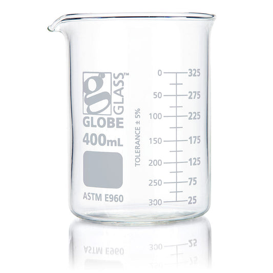 Globe Scientific 8010400 Beaker Globe Glass 400mL Low Form Griffin Style Dual Graduations ASTM E960 12/Box