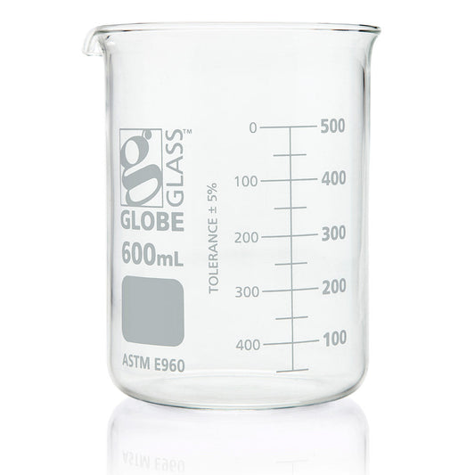 Globe Scientific 8010600 Beaker Globe Glass 600mL Low Form Griffin Style Dual Graduations ASTM E960 6/Box