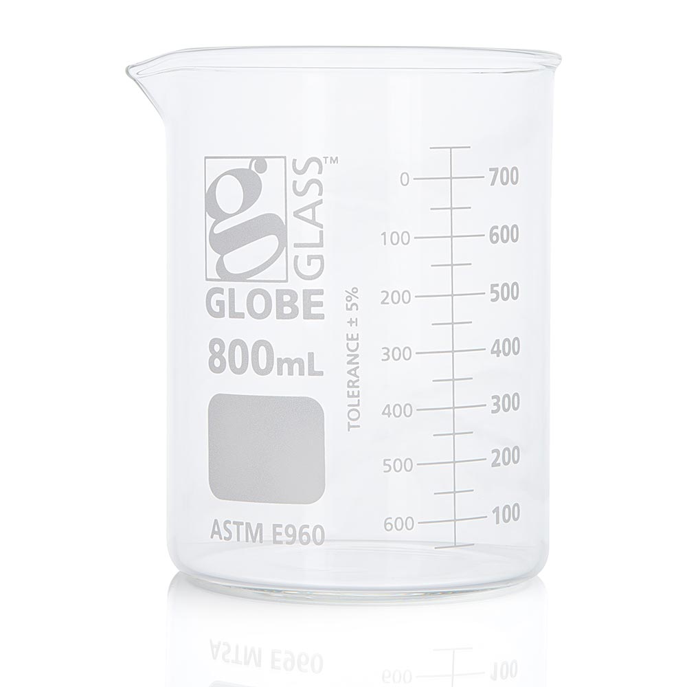 Globe Scientific 8010800 Beaker Globe Glass 800mL Low Form Griffin Style Dual Graduations ASTM E960 6/Box