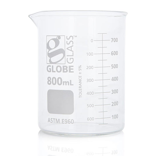 Globe Scientific 8010800 Beaker Globe Glass 800mL Low Form Griffin Style Dual Graduations ASTM E960 6/Box