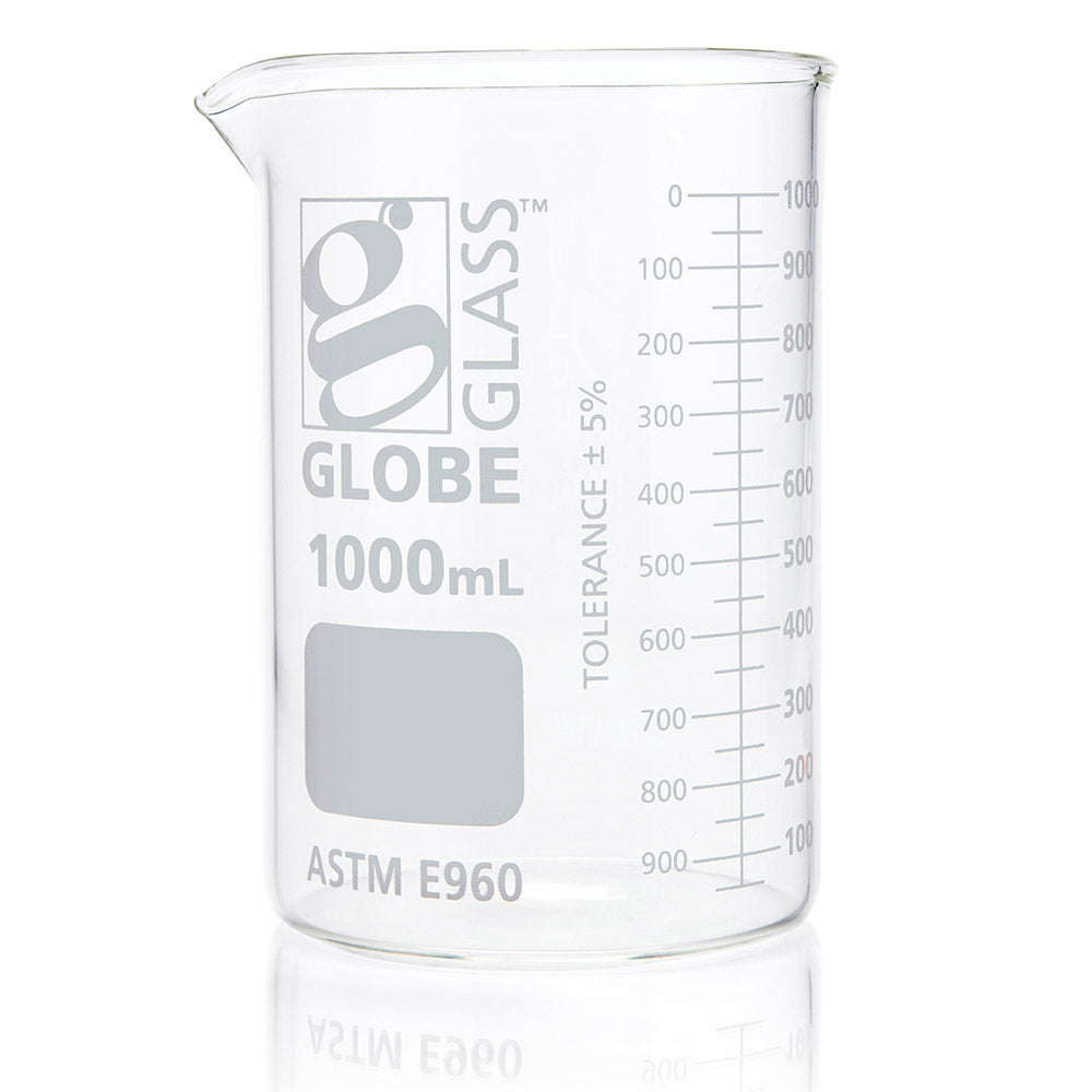 Globe Scientific 8011000 Beaker Globe Glass 1000mL Low Form Griffin Style Dual Graduations ASTM E960 6/Box