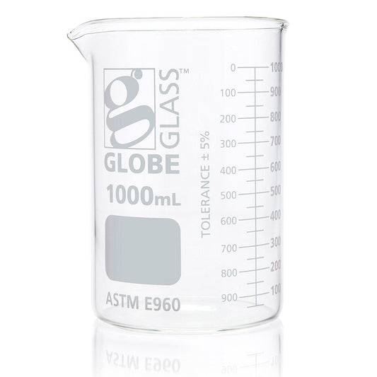 Globe Scientific 8011000 Beaker Globe Glass 1000mL Low Form Griffin Style Dual Graduations ASTM E960 6/Box
