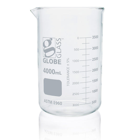 Globe Scientific 8014000 Beaker Globe Glass 4000mL Low Form Griffin Style Dual Graduations ASTM E960 1/Box