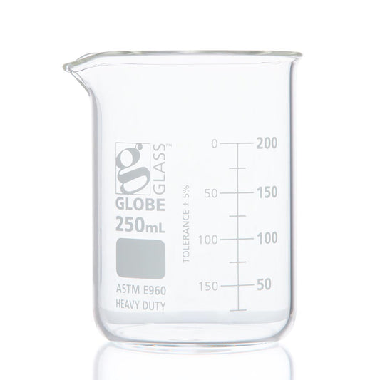 Globe Scientific 8020250 Beaker Globe Glass 250mL Low Form Griffin StyleHeavy Duty Dual Graduations ASTM E960 12/Box