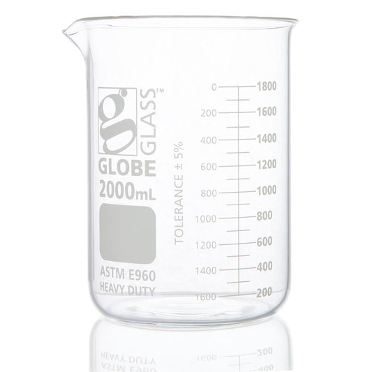Globe Scientific 8022000 Beaker Globe Glass 2000mL Low Form Griffin Style Heavy Duty Dual Graduations ASTM E960 4/Box