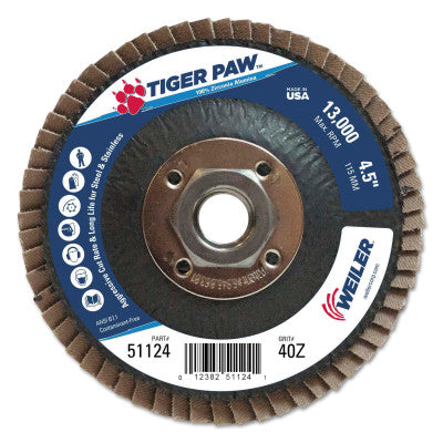 Weiler 51124 4-1/2" Tiger Paw Abrasive Flap Disc- Angled- 40Z (10 EA)