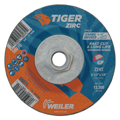 Weiler 58070 4-1/2 X 1/4 Tiger Zircty27 Grind Whl   5/8-11 (1 EA)