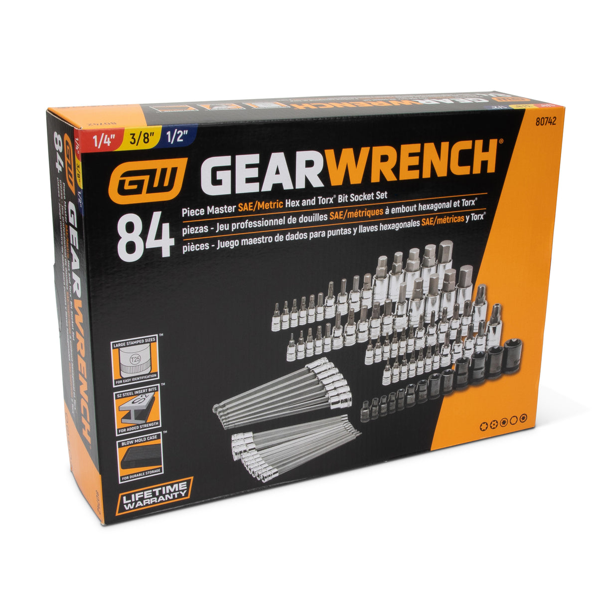 Gearwrench 80742 84 Piece 1/4", 3/8" & 1/2" Drive Hex/Ball End Hex/Tamper Proof Torx®/External Torx®/Torx® SAE/Metric Bit Set