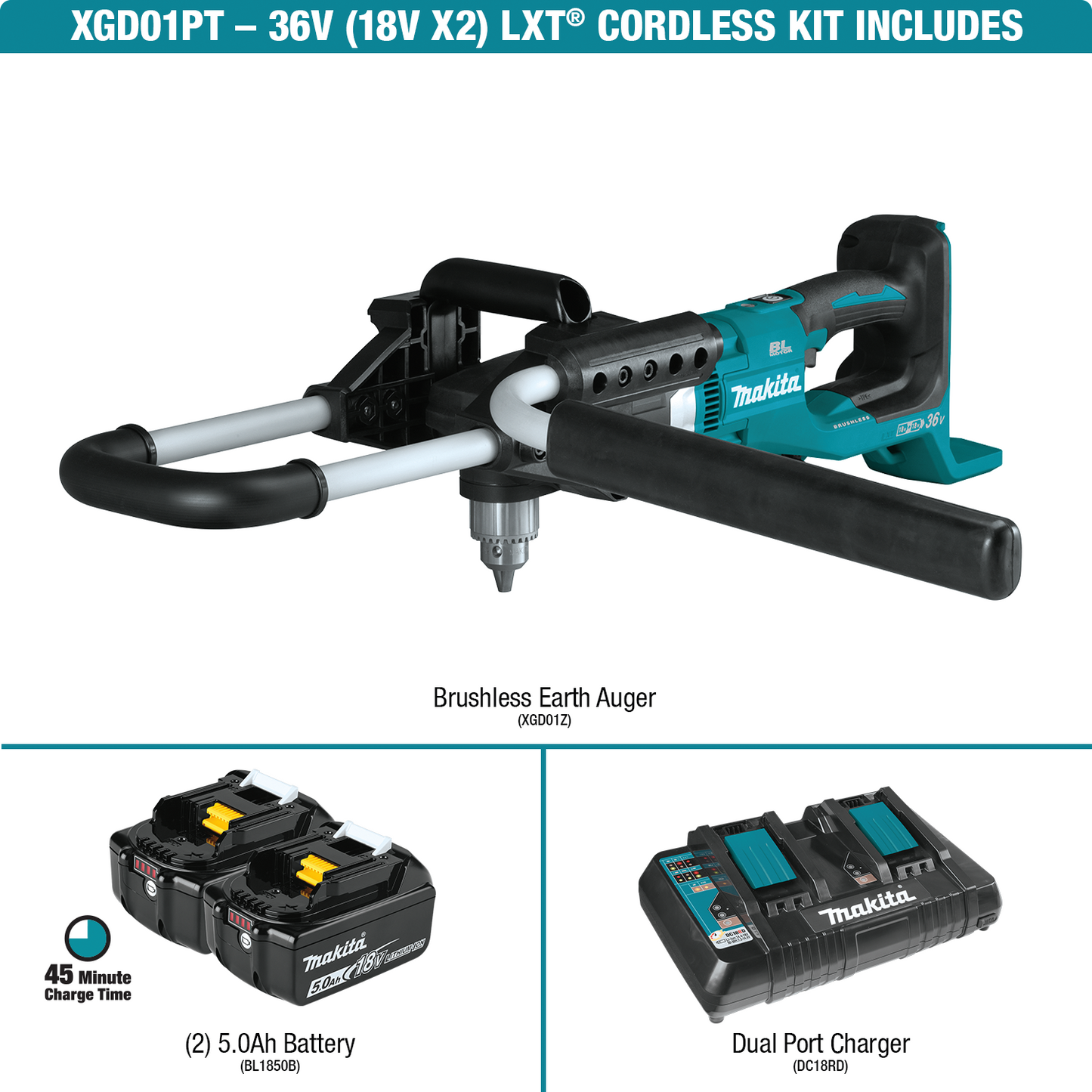 Makita XGD01PT 36V (18V X2) LXT® Brushless Earth Auger Kit (5.0Ah)