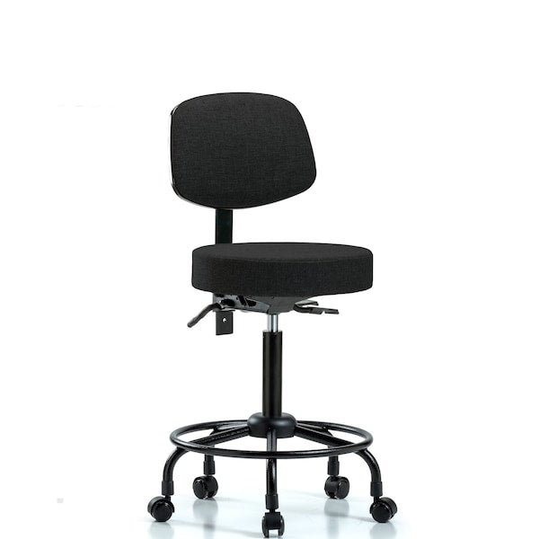 Blue Ridge Ergonomics FMBST-RT-T0-RC-F42 Rutledge Fabric Stool with Back - Medium Bench Height with Round Tube Base & Casters in Black Fabric