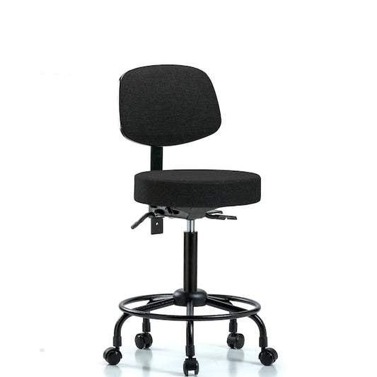 Blue Ridge Ergonomics FMBST-RT-T0-RC-F42 Rutledge Fabric Stool with Back - Medium Bench Height with Round Tube Base & Casters in Black Fabric