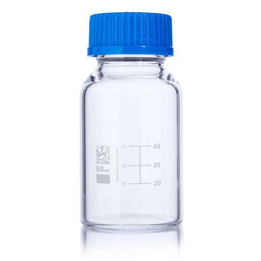 Globe Scientific 8100050 Bottle Media Globe Glass 50mL GL32 Screw Cap Dual Graduations 10/Box