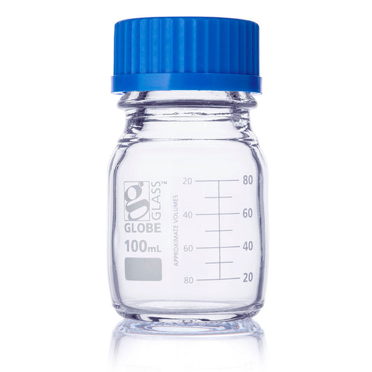 Globe Scientific 8100100 Bottle Media Globe Glass 100mL GL45 Screw Cap Dual Graduations 10/Box